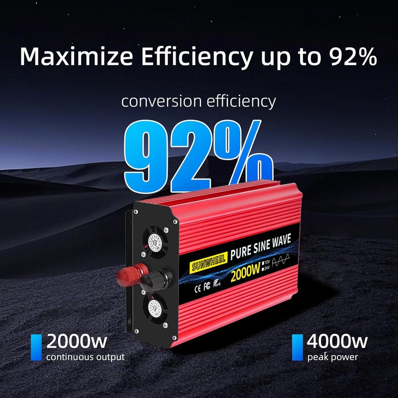 SUNWHEEL 2000W 24V Pure Sine Wave Inverter, 24V DC to 110V/120V AC Power Inverter for RV、Off Grid、Truck、Power Outage with 2 AC outlets and LCD Display - Image 4